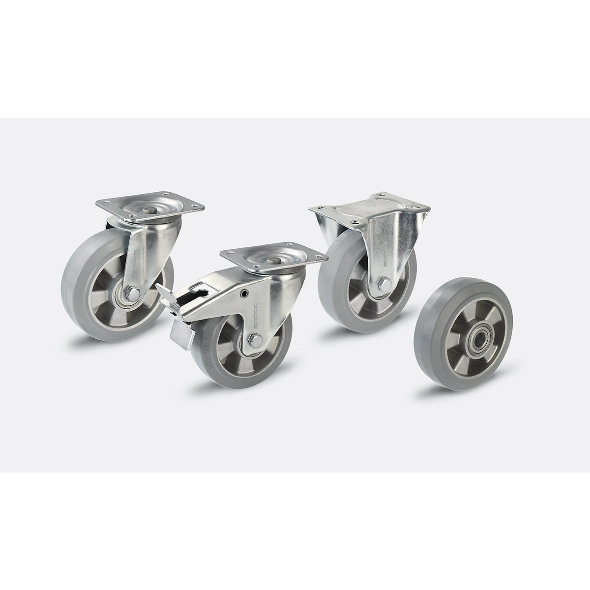 Elastic solid rubber tyre, grey, wheel Ø x width 125 x 40 mm, spoke rim, fixed castor.