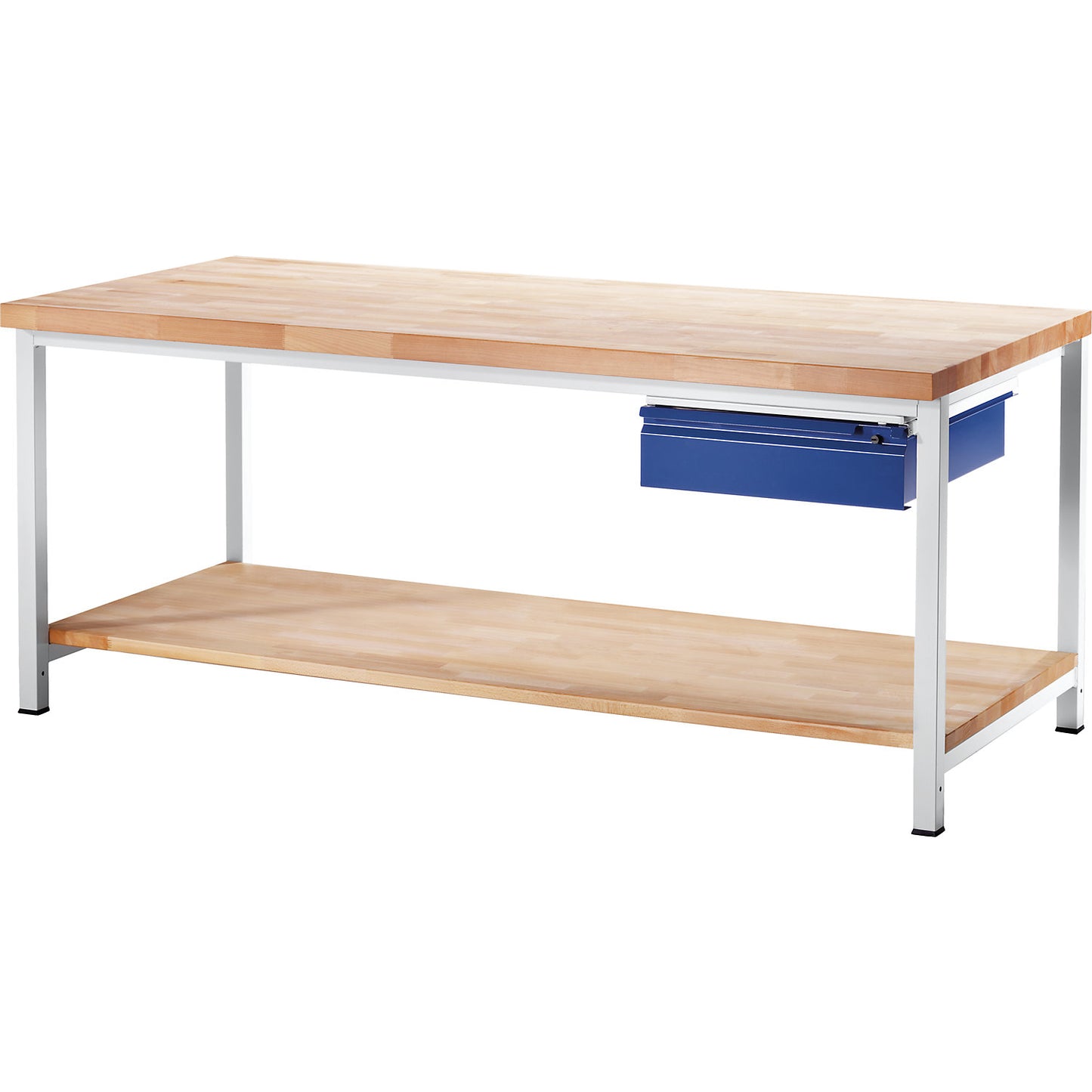 Workbench, frame construction, 1 L size drawer, 1 solid beech shelf, depth 900 mm, width 2000 mm.