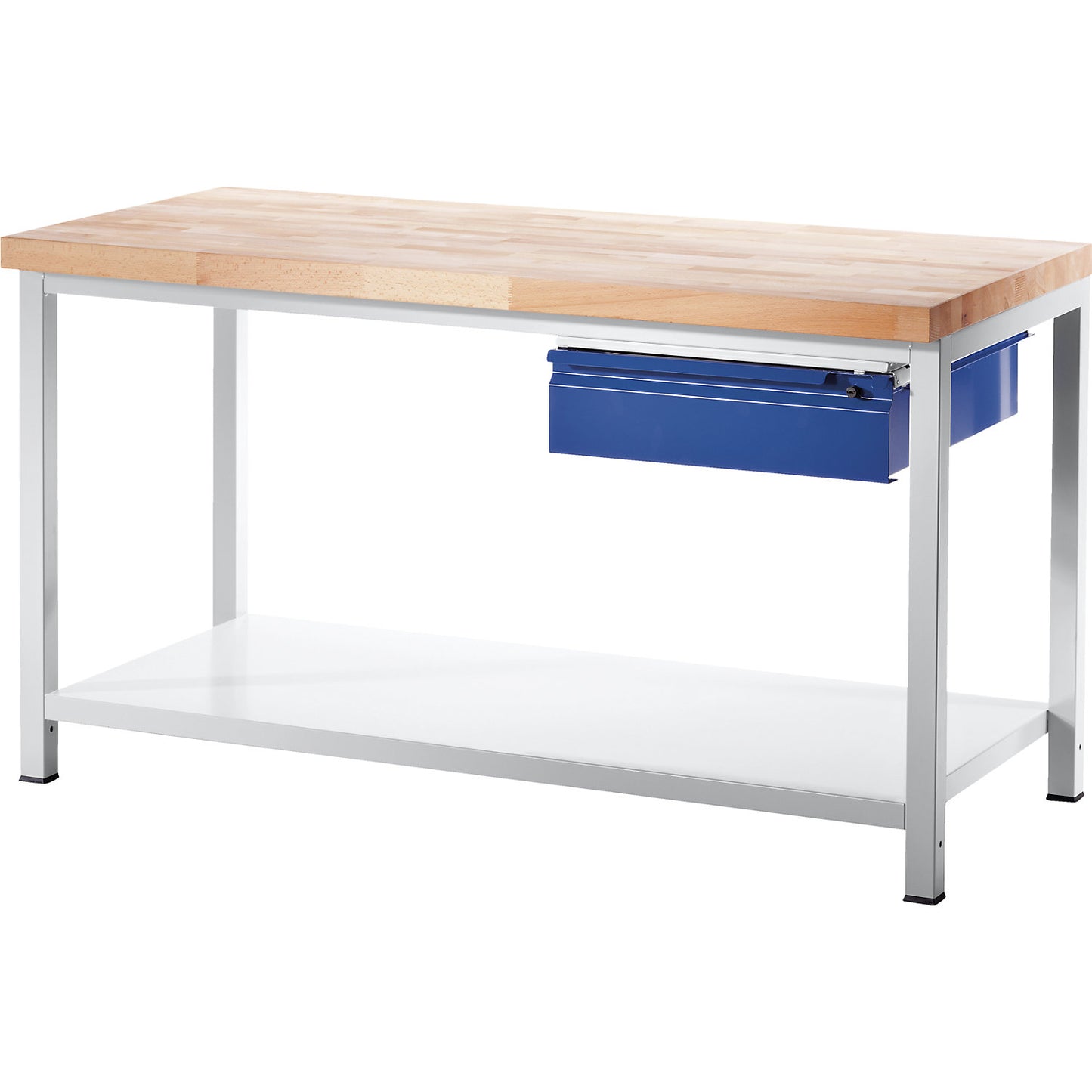 Workbench, frame construction, 1 L size drawer, 1 sheet steel shelf, depth 700 mm, width 1250 mm.