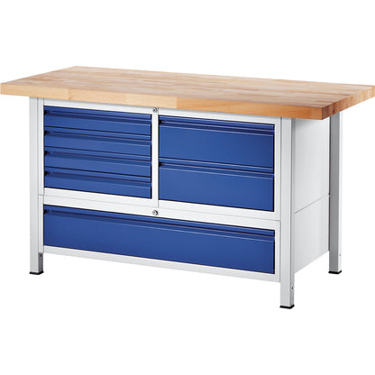 Workbench, frame construction, 6 L size drawers, 1 XXL size drawer, depth 900 mm, width 1250 mm.