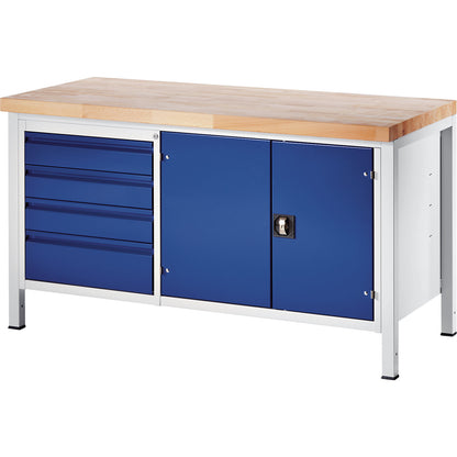 Workbench, frame construction, 4 L size drawers, 1 tool cupboard, depth 900 mm, width 1500 mm.