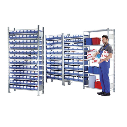 Boltless shelving unit with shelf bins, height 2000 mm, 36 bins, 9 shelves, depth 636 mm, extension shelf unit.