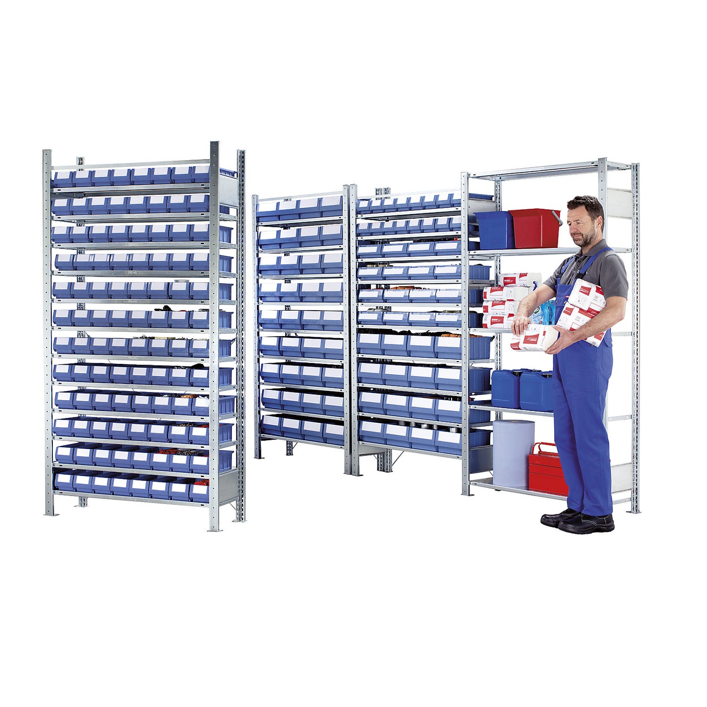 Boltless shelving unit with shelf bins, height 2000 mm, 48 bins, 10 shelves, depth 336 mm, extension shelf unit.