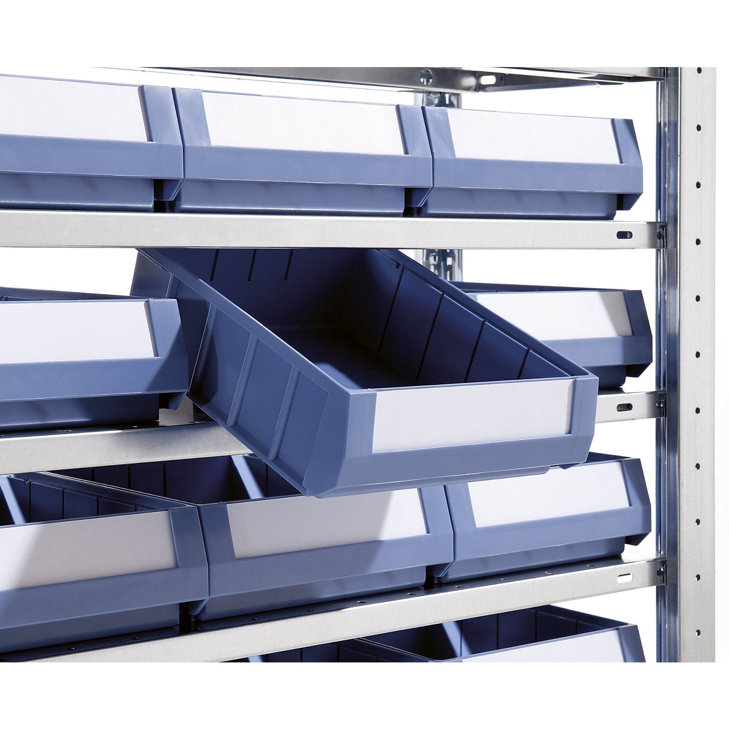 Boltless shelving unit with shelf bins, height 2000 mm, 36 bins, 9 shelves, depth 436 mm, extension shelf unit.