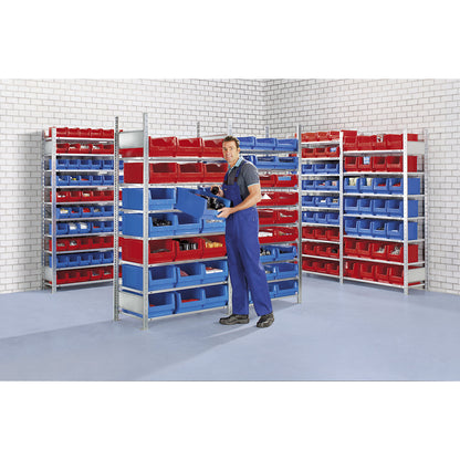 Boltless shelving unit, with open-front storage bins, 60 bins, 10 shelves, extension shelf unit.