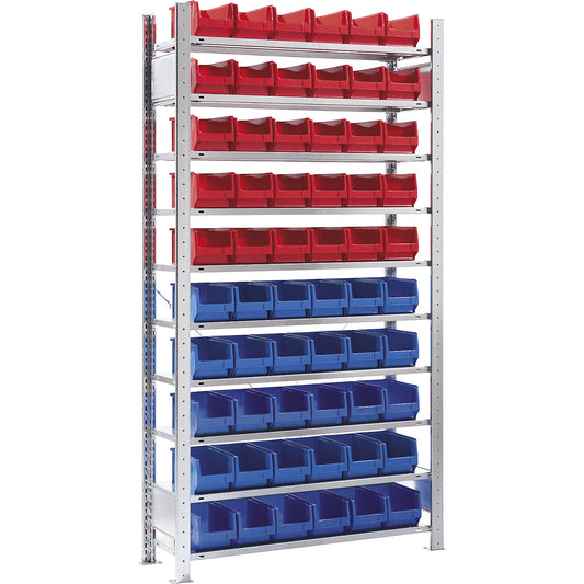 Boltless shelving unit, with open-front storage bins, 60 bins, 10 shelves, extension shelf unit.