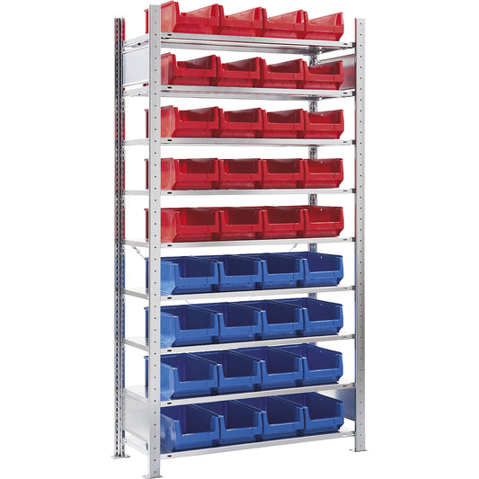 Boltless shelving unit, with open-front storage bins, 36 bins, 9 shelves, standard shelf unit.