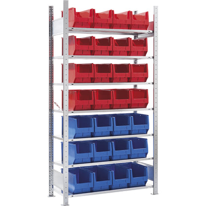 Boltless shelving unit, with open-front storage bins, 28 bins, 7 shelves, standard shelf unit.