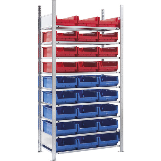 Boltless shelving unit, with open-front storage bins, 27 bins, 9 shelves, standard shelf unit.