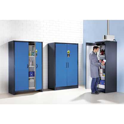 Fire resistant hazardous goods storage cupboard type 90, 1 door, 3 shelves, light blue door.