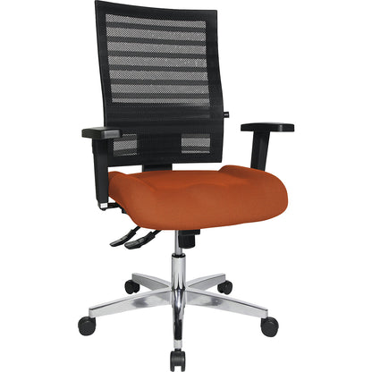 Operator swivel chair, frame made of aluminium, upholstered back rest, orange cover.