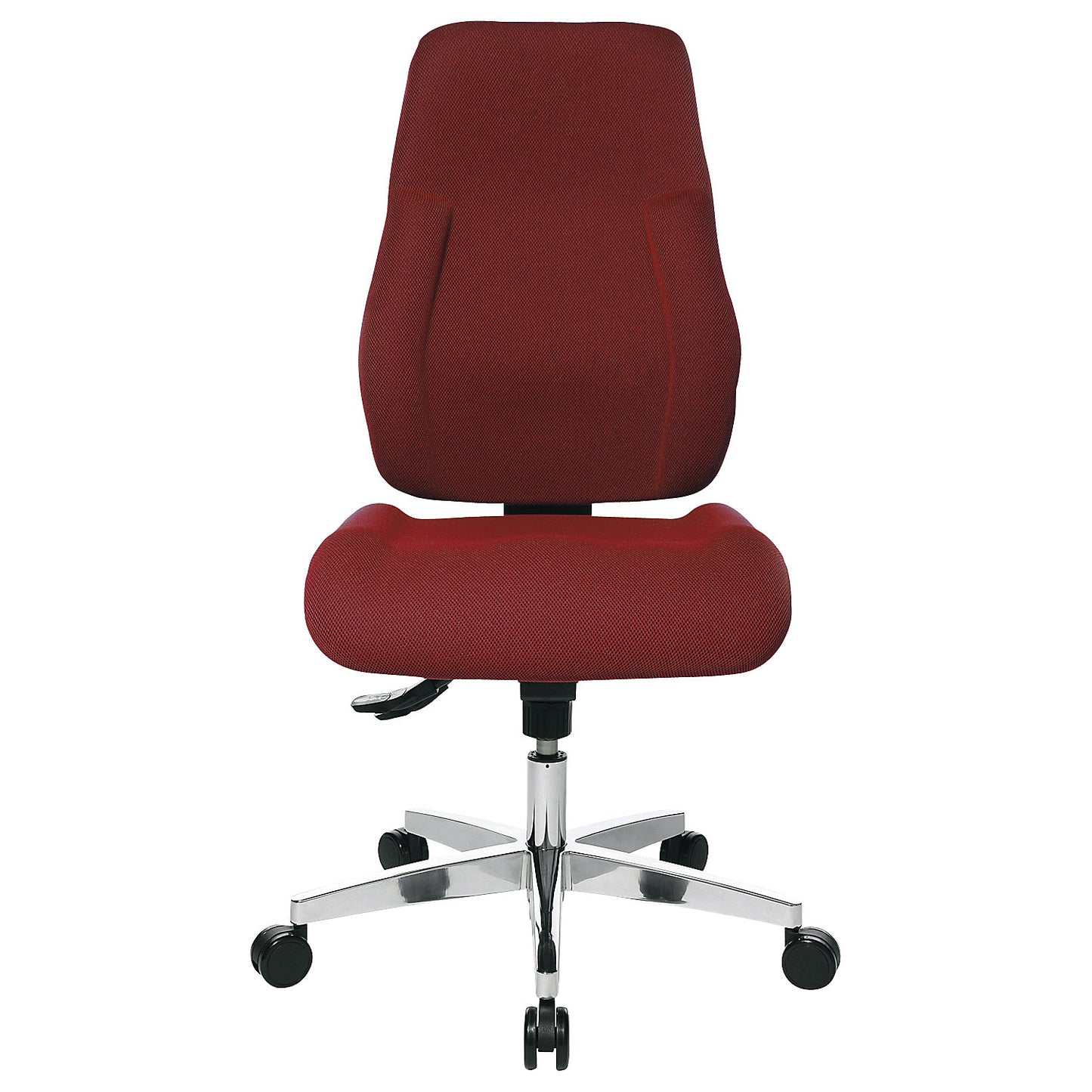 Operator swivel chair, frame made of aluminium, upholstered back rest, red cover.