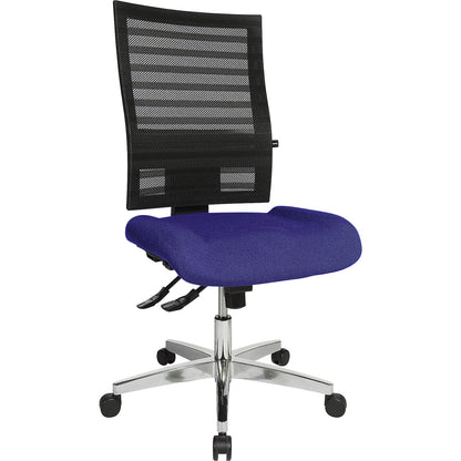 Operator swivel chair, frame made of aluminium, black mesh back rest, blue cover.