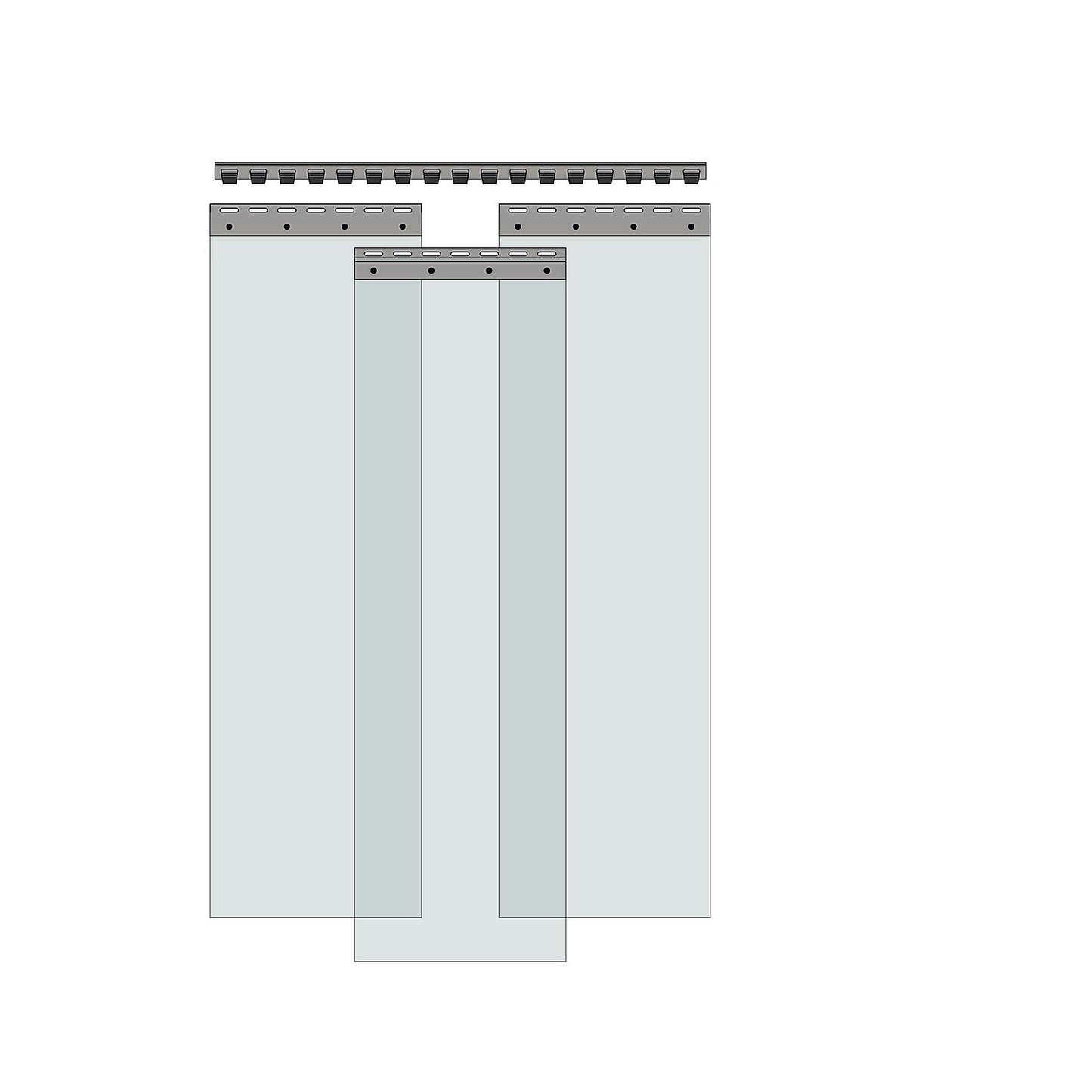 Strip curtain, price/m², width x thickness 200 x 2 mm, overlap 2 hooks = 77 mm.
