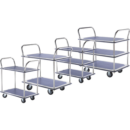 Table trolley chrome plated, 2 shelves with non-slip covering, 2 push handles, max. load 250 kg.