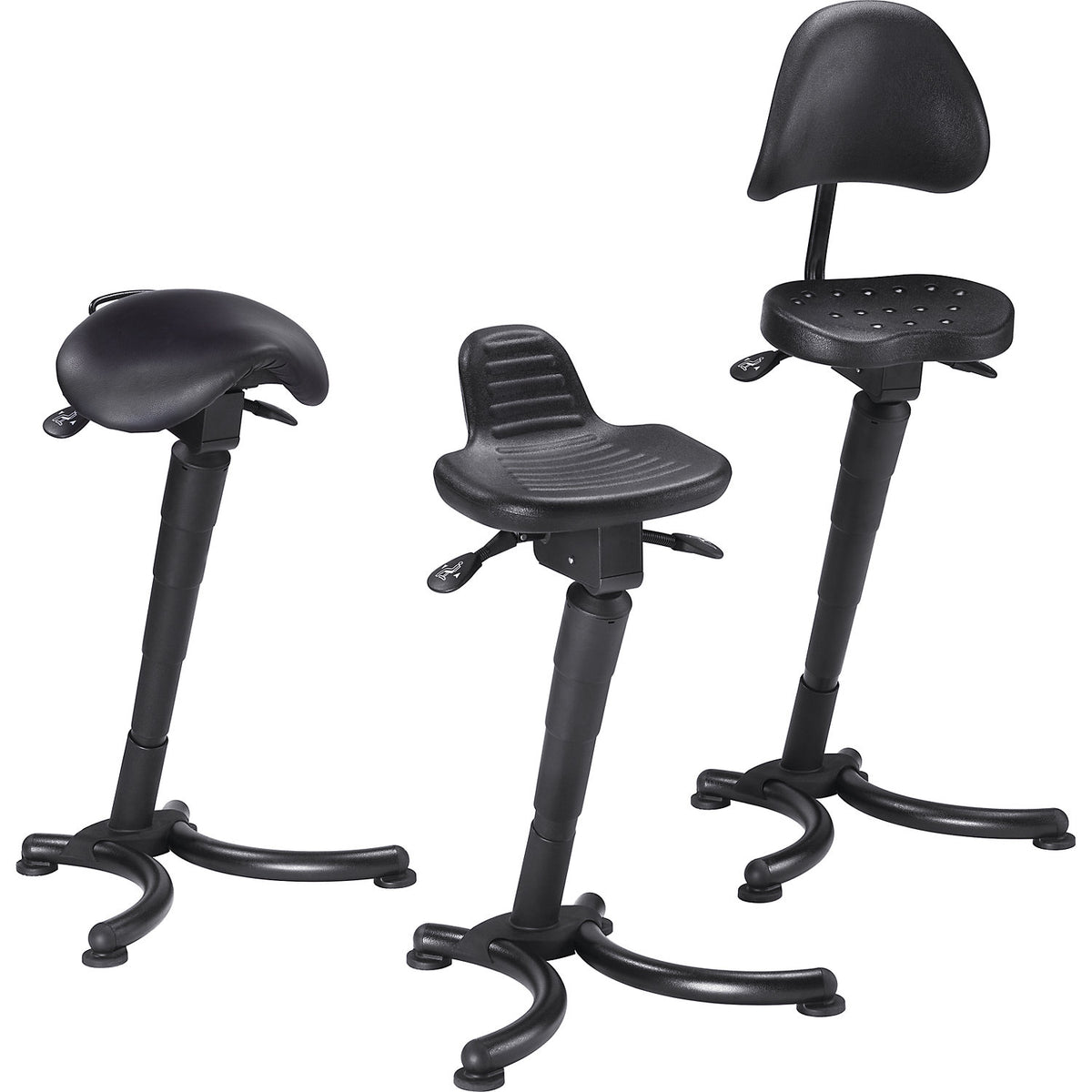 Anti-fatigue stool, flat seat with pendular mounted back rest, gas lift height adjustment.