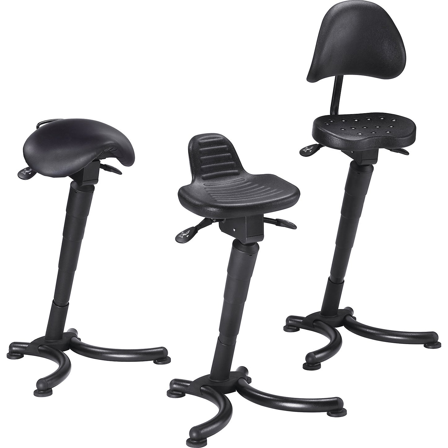 Anti-fatigue stool, flat seat with pendular mounted back rest, gas lift height adjustment.