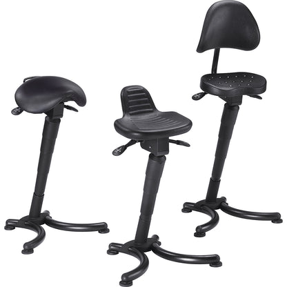 Anti-fatigue stool, flat seat with pendular mounted back rest, gas lift height adjustment.