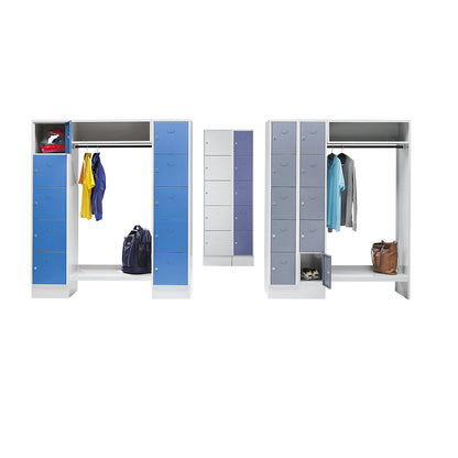 Dresden cloakroom locker system, 2 compartments, 1 coat rack, W 1470 mm, light grey / pigeon blue.