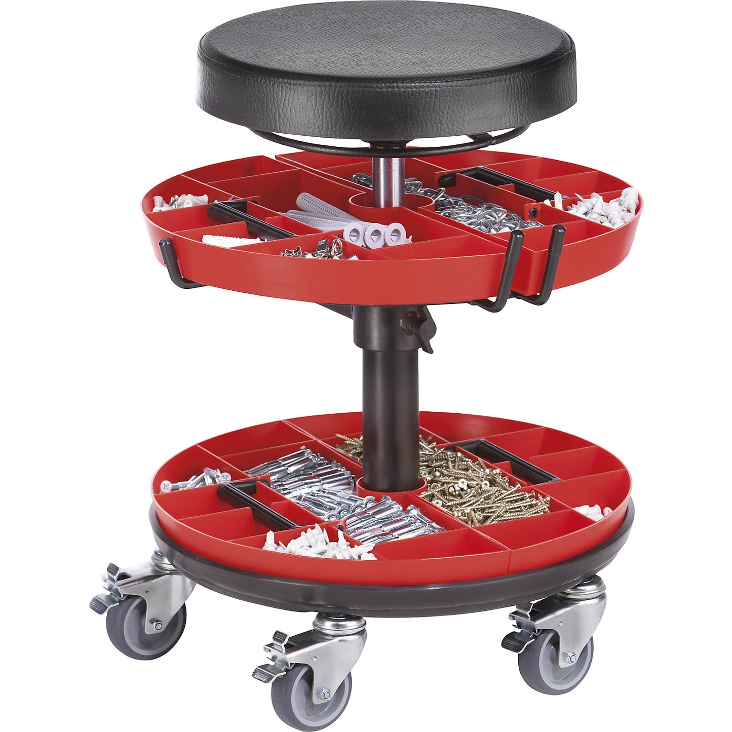 Industrial stool, with 2 tool trays, with PU foam seat.