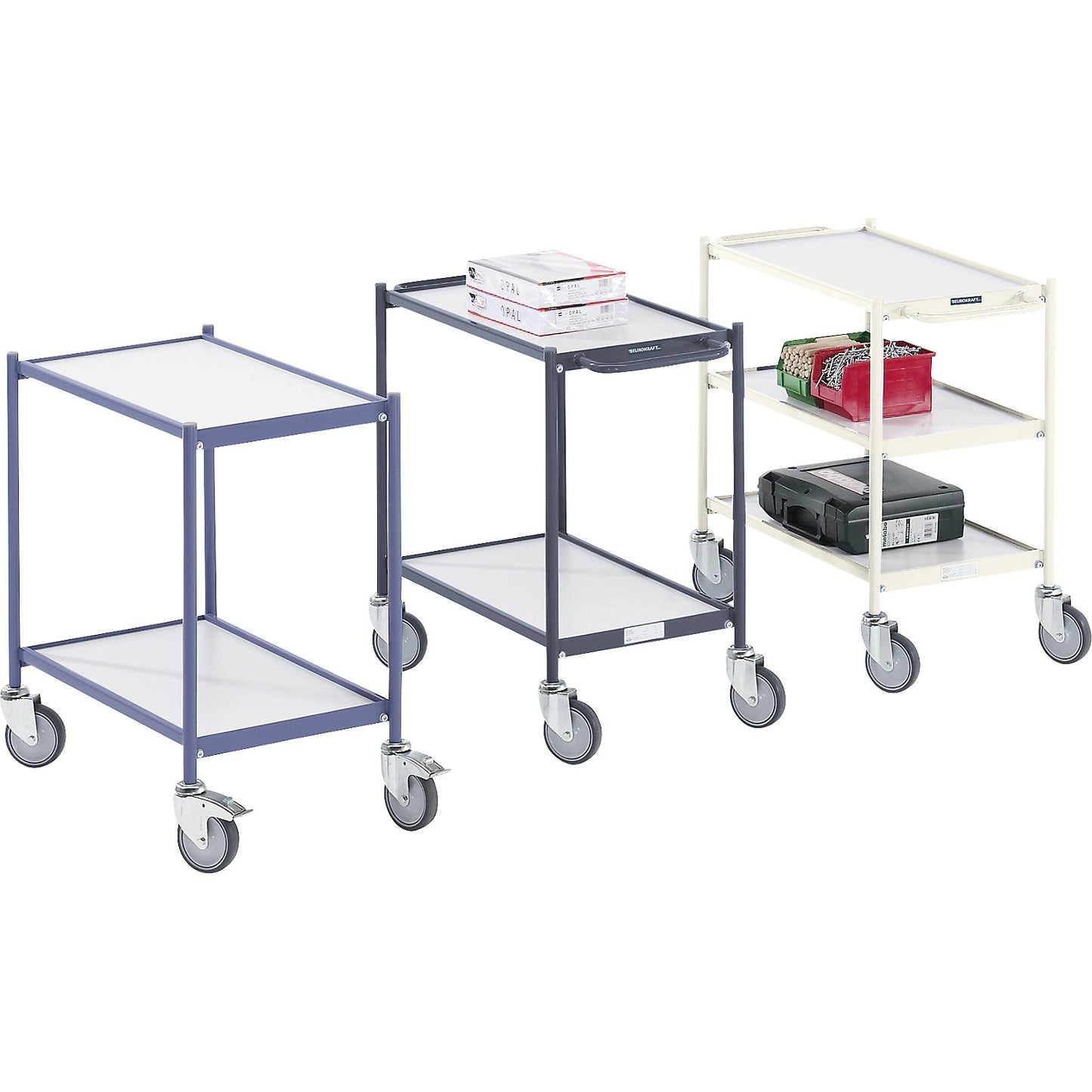 Table trolley, max. load 150 kg, with push handle, 3 shelves, 4 swivel castors, 2 with double stops.