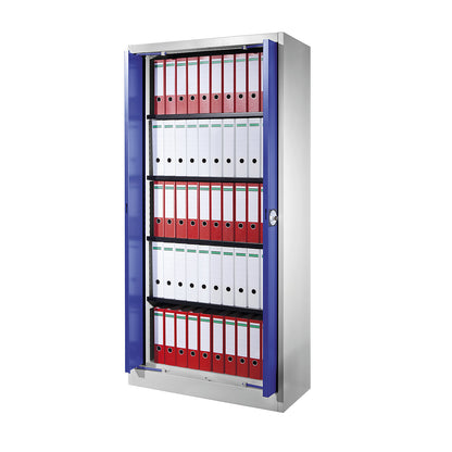Steel cupboard with flush doors, 4 shelves, 420 mm deep, light grey / ultramarine.