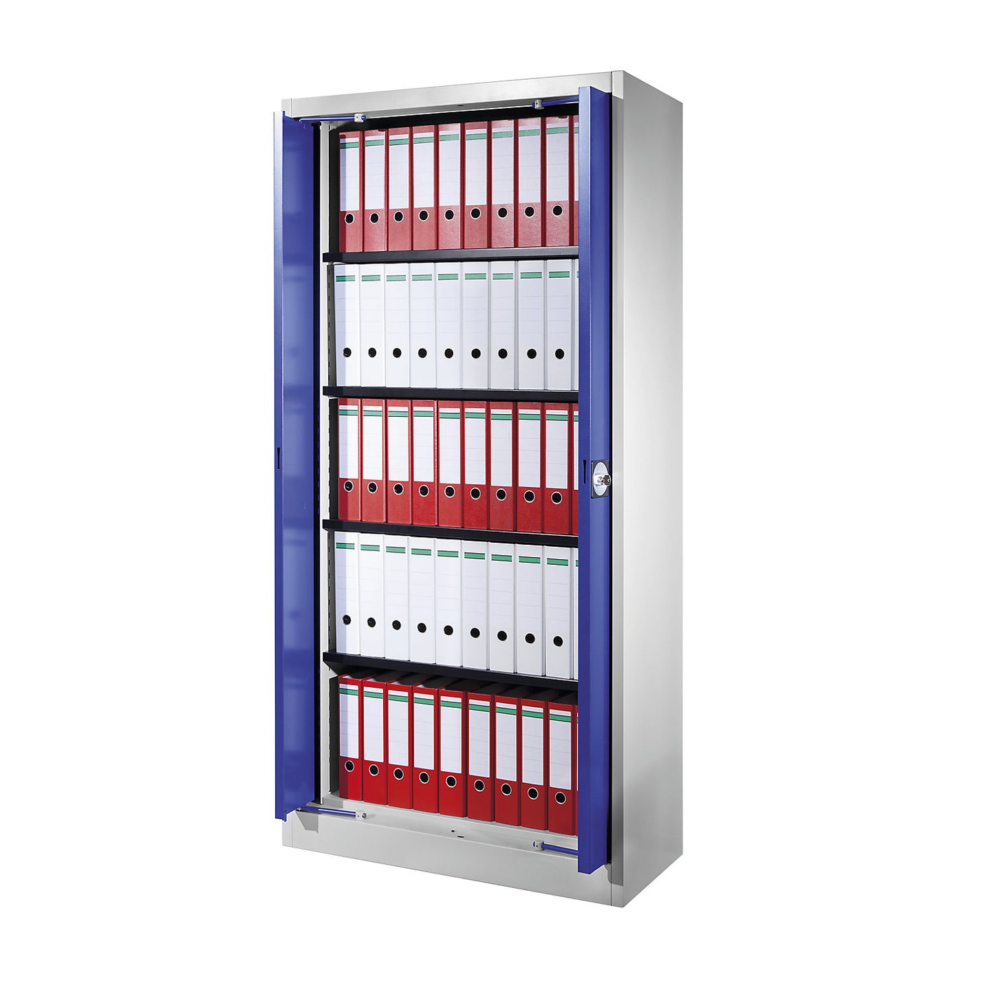 Steel cupboard with flush doors, 4 shelves, 420 mm deep, white aluminium / charcoal.