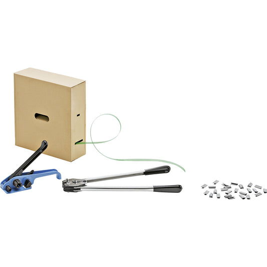 Strapping set, PET strapping, tensioning tool, sealing tongs, strap in dispenser box, seals, strapping width 12 mm.