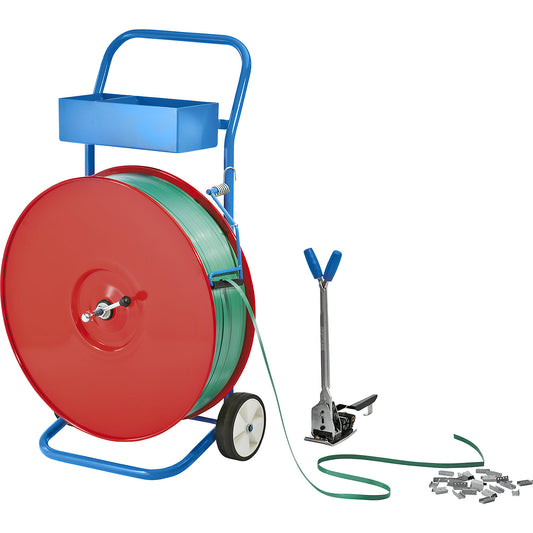 Strapping set, PET strapping, tensioning and sealing tool, mobile strap dispenser, strap, seals, strap width 16 mm.
