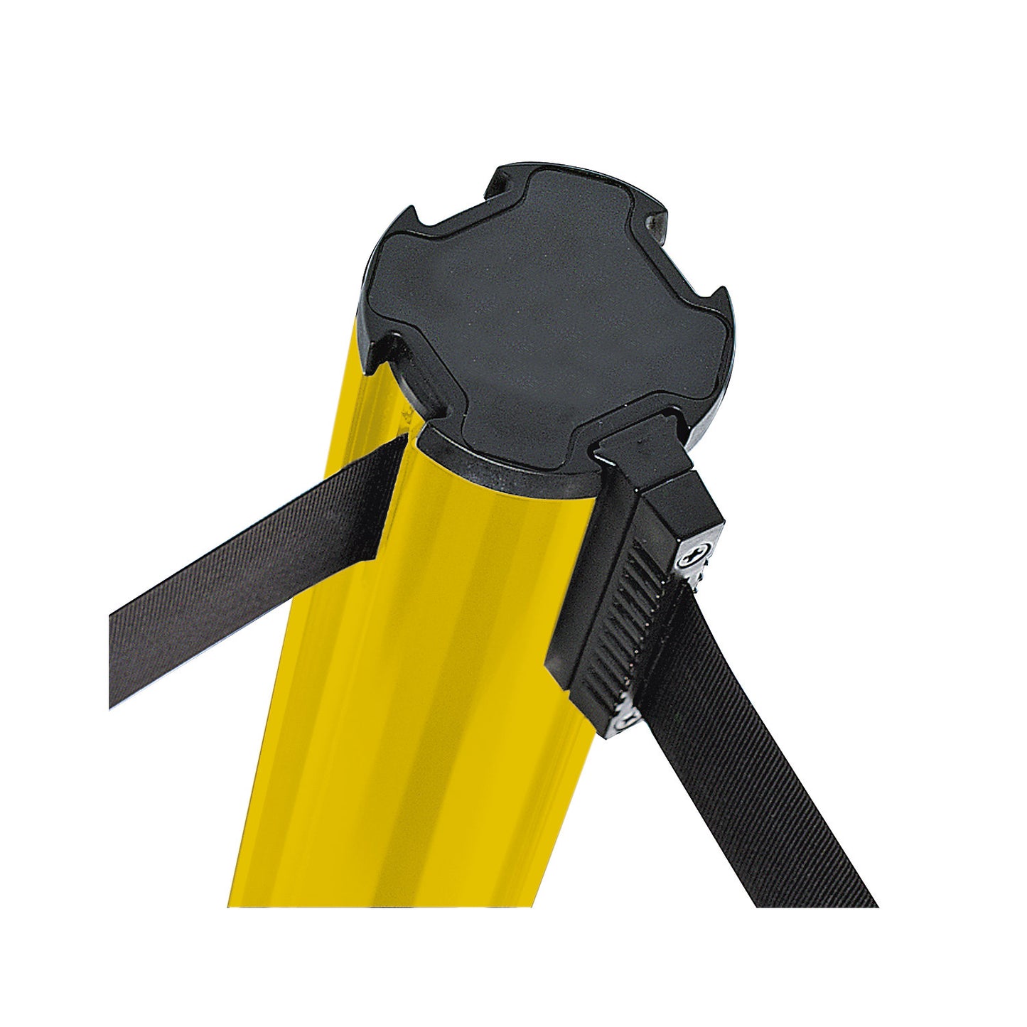 Belt post made of aluminium, belt extends to 2300 mm, post colour yellow, 1 tape belt.