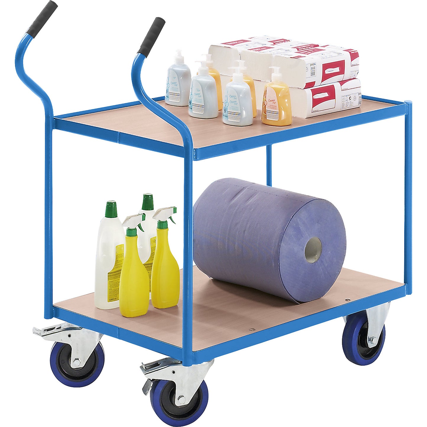 Industrial table trolley, fully elastic tyres, non-marking, shelf heights 235 / 765 mm.