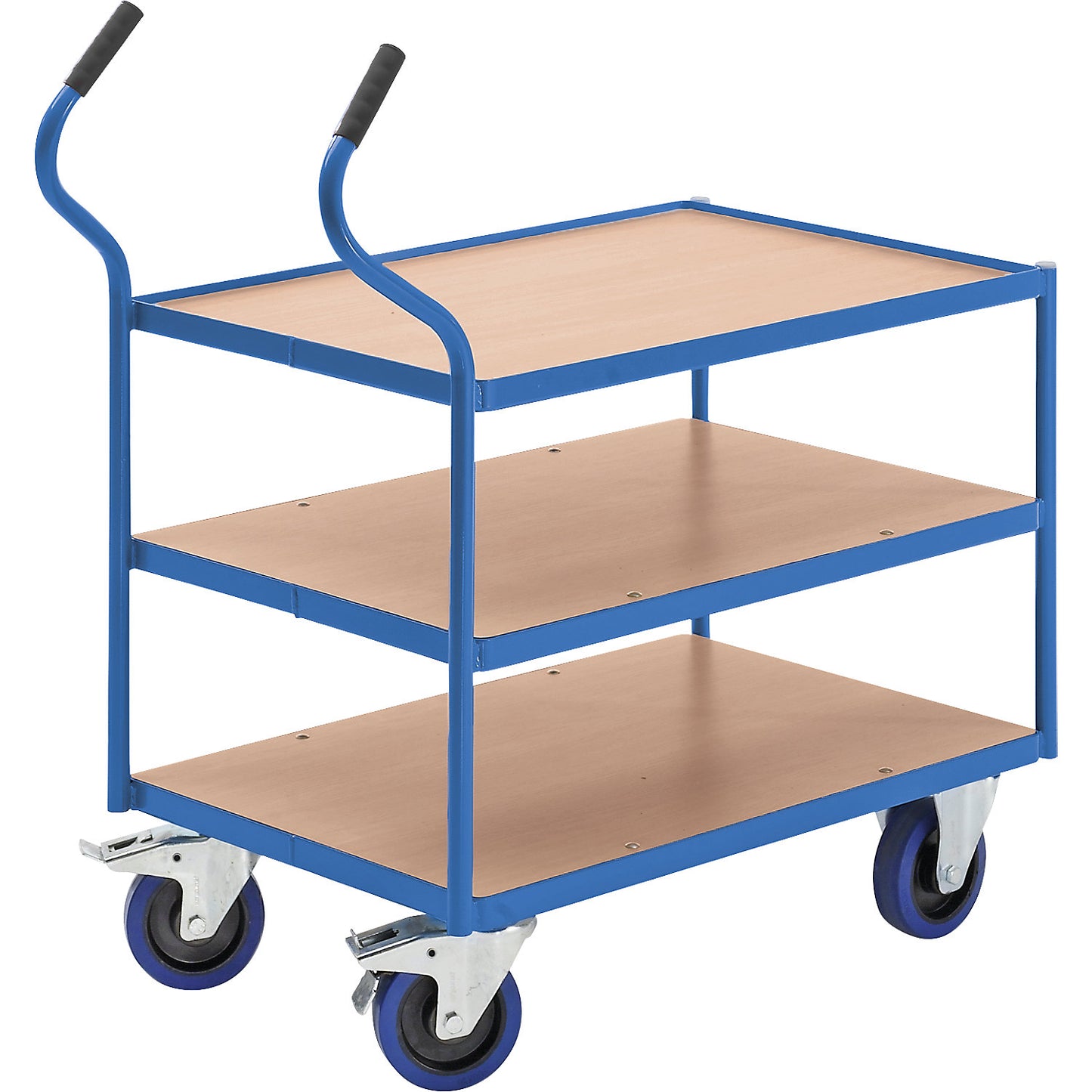 Industrial table trolley, fully elastic tyres, non-marking, shelf heights 235 / 500 / 765 mm.