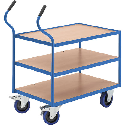 Industrial table trolley, fully elastic tyres, non-marking, shelf heights 235 / 500 / 765 mm.