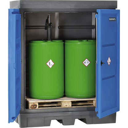 PE hazardous goods storage depot with doors, for 2 x 200 l drums, collection capacity 250 l.