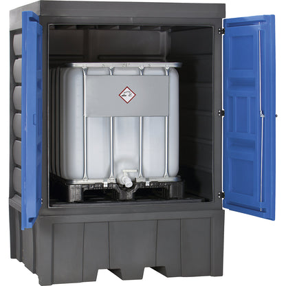 PE hazardous goods storage depot with doors, for 4 x 200 l drums, collection capacity 1150 l.