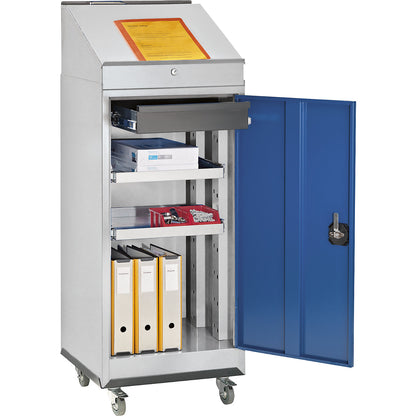 Mobile workstation, comprised of a tool cupboard, pedestal desk and wheeled base, gentian blue door.