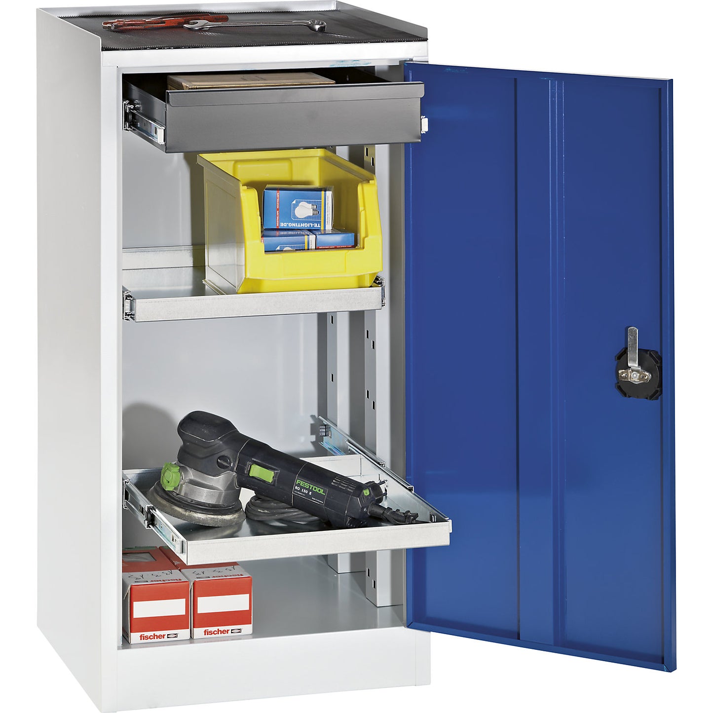 Tool and side cupboard, 1 drawer, 2 shelves, gentian blue door.