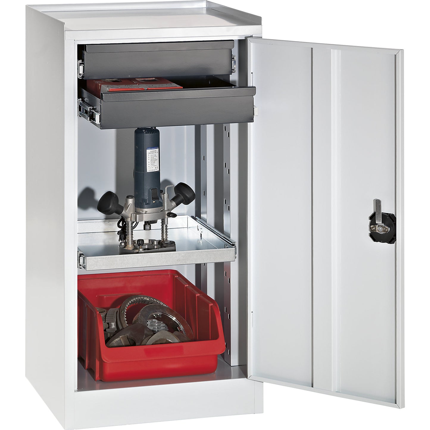 Tool and side cupboard, 2 drawers, 1 shelf, light grey door.