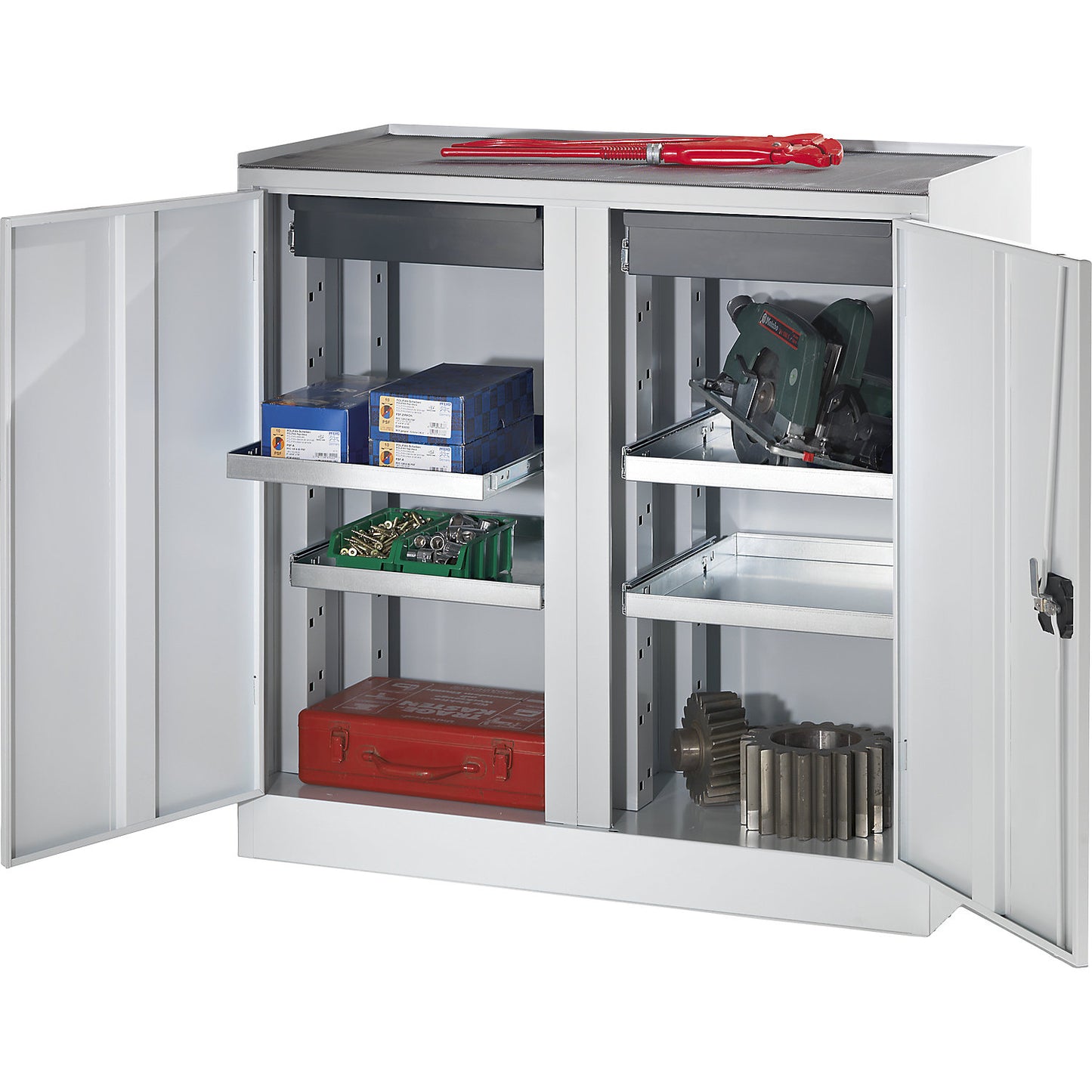 Tool and side cupboard, 2 drawers, 4 shelves, 1 centre partition, light grey doors.