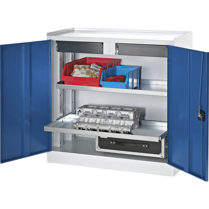 Tool and side cupboard, 2 drawers, 2 full length shelves, gentian blue doors.