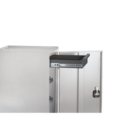 Tool and side cupboard, 2 drawers, 2 full length shelves, light grey doors.