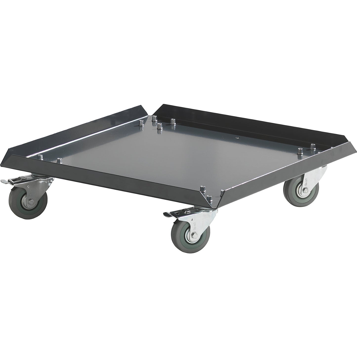 Wheeled base made of sheet steel, grey, 4 swivel castors, 2 with wheel stops.