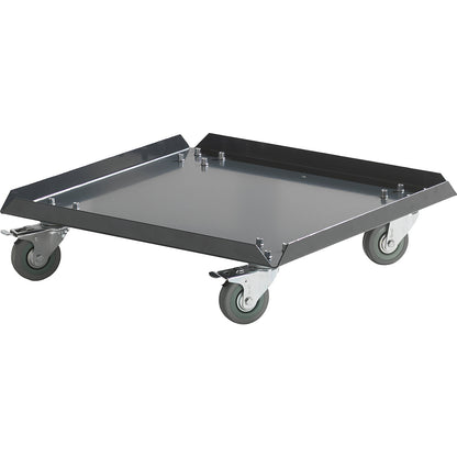 Wheeled base made of sheet steel, grey, 4 swivel castors, 2 with wheel stops.
