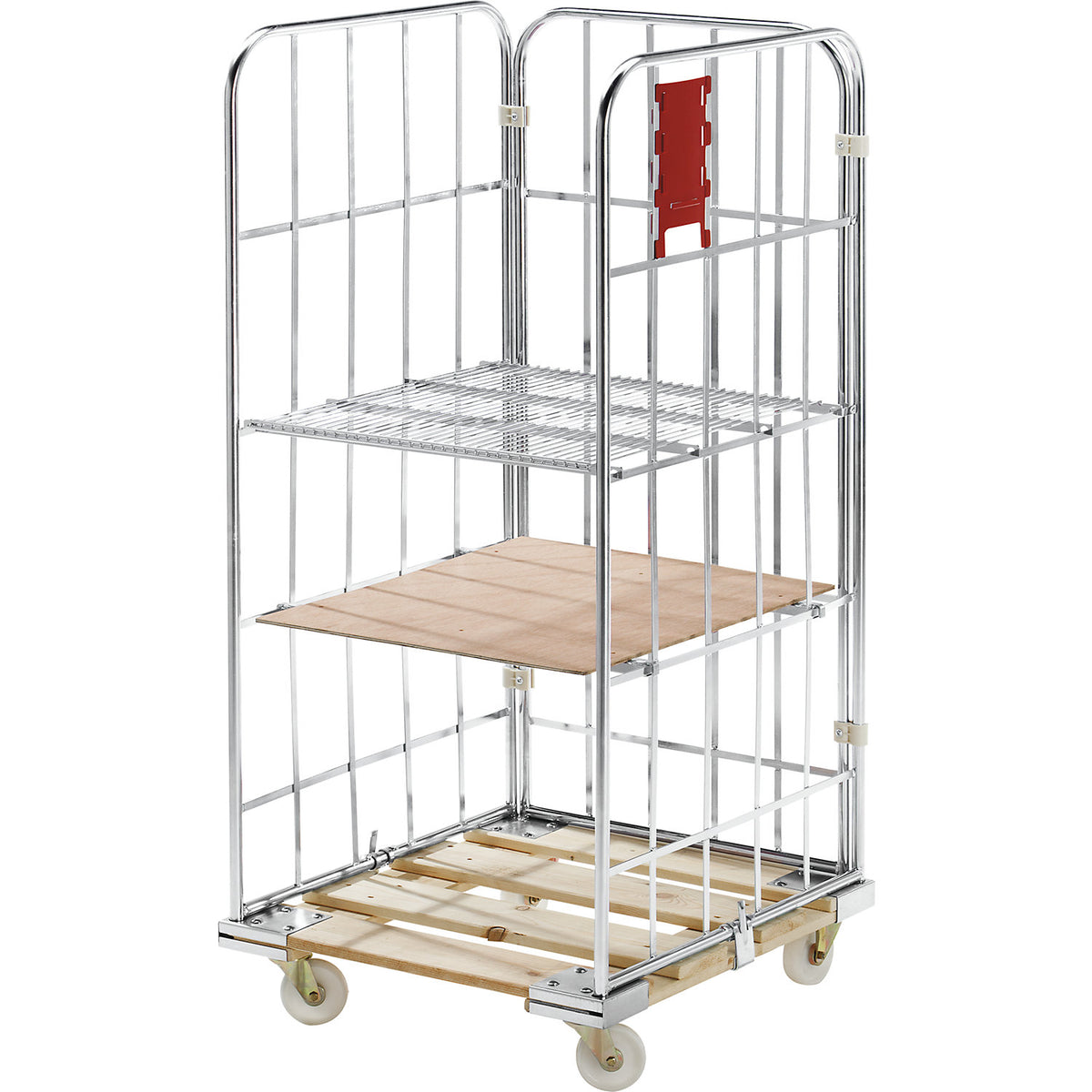 MODULAR roll container, wooden transport dolly, mesh on 4 sides.