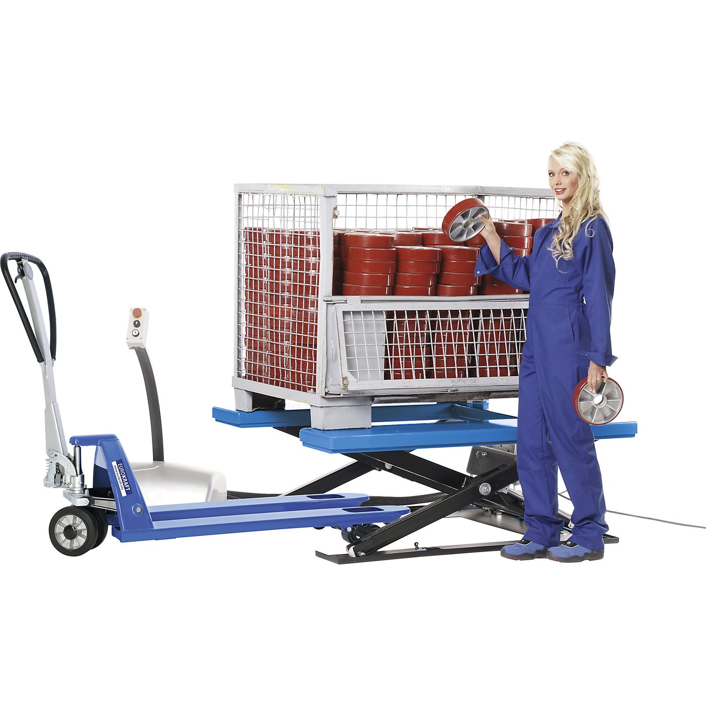 Low profile lift table, U platform, max. load 1000 kg, operating voltage 400 V.