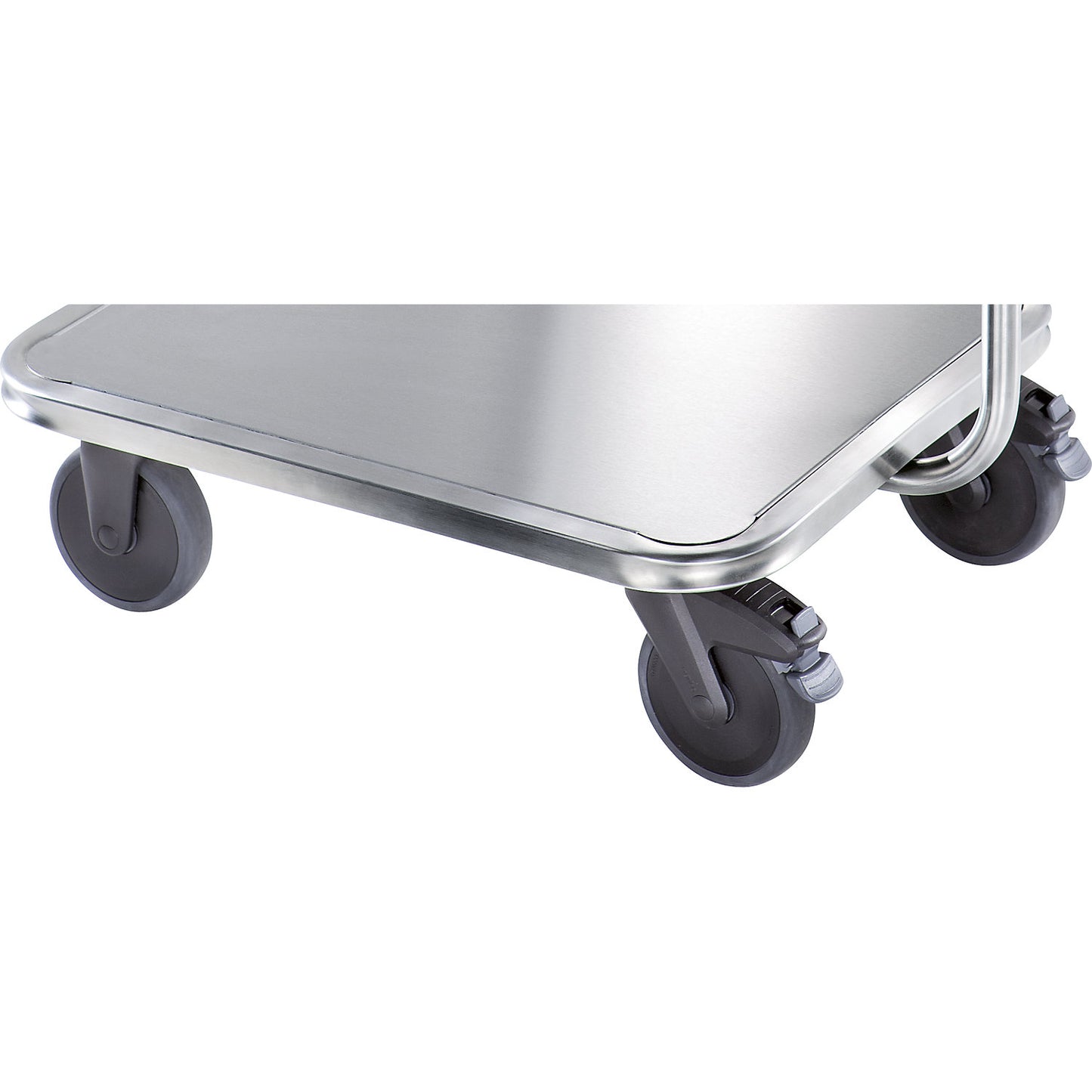 Stainless steel four wheeler, plastic wheels, max. load 150 kg.