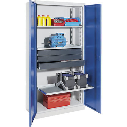 Storage cupboard, width 950 mm, 3 pull-out shelves, 3 drawers, gentian blue door.
