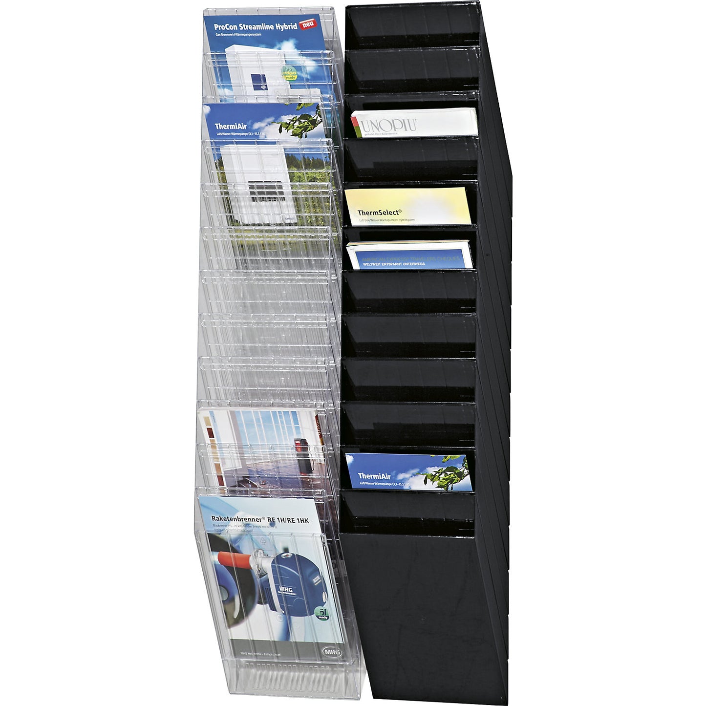 Wall mounted brochure racks, portrait format, 12 x A4, pack of 2, black.
