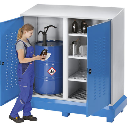 Drum and small container hazardous goods storage, 2-door, with sloping roof.