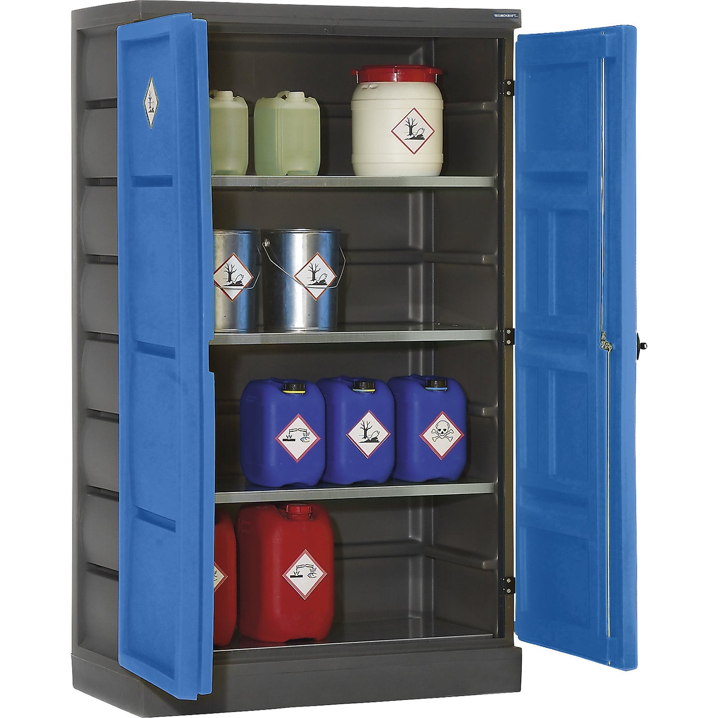 Environmental cupboard made of PE, 2-door, zinc plated shelves.